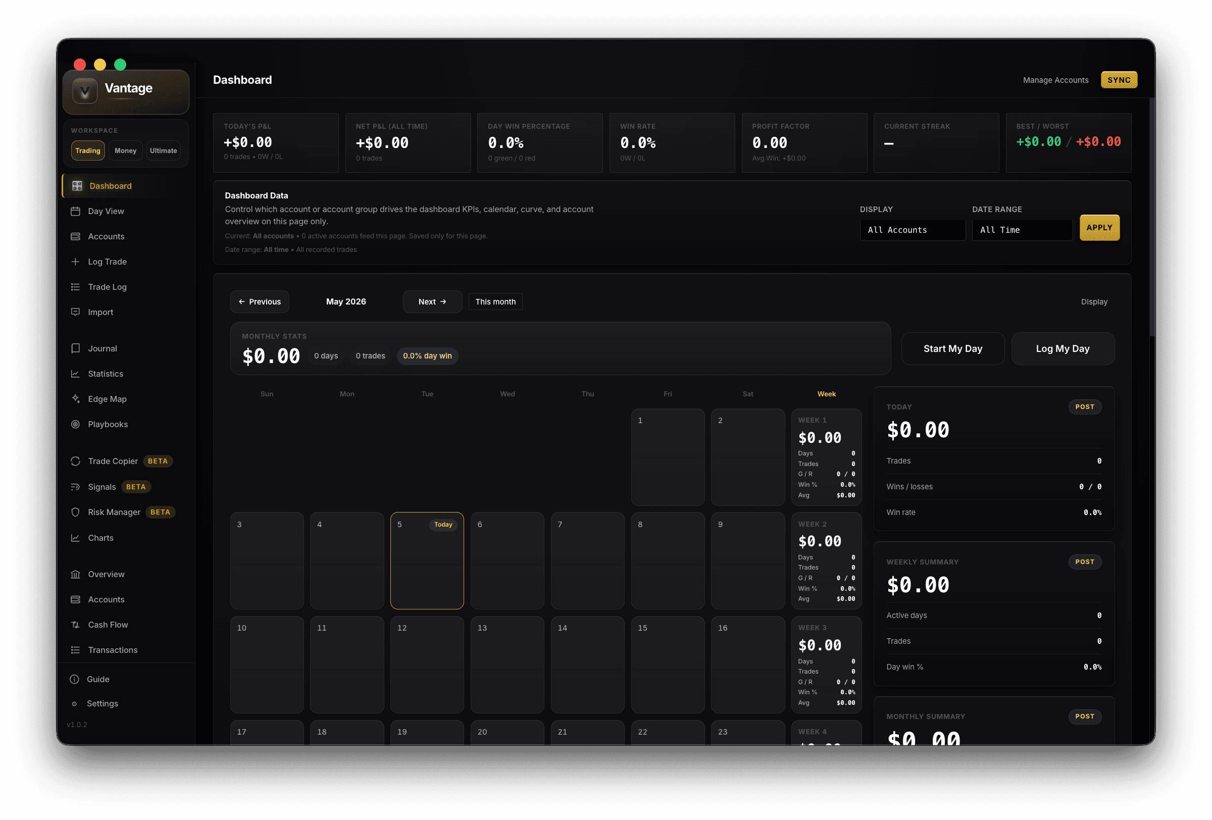 Vantage trading dashboard with journal analytics, account sync, and risk controls.